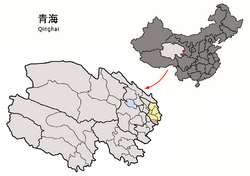 Xunhua County (pink) within Haidong City (yellow) and Qinghai