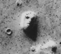 "Face on Mars" – due to Sun's lighting (Viking 1 Orbiter, July 25, 1976) (40°45′N 9°28′W﻿ / ﻿40.75°N 9.46°W﻿ / 40.75; -9.46).