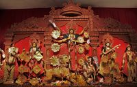Durga Puja is a multi-day festival in Eastern India that features elaborate temple and stage decorations (pandals), scripture recitation, performance arts, revelry, and processions.[6]