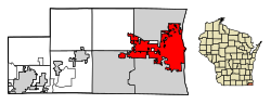 Location of Kenosha in Kenosha County, Wisconsin.