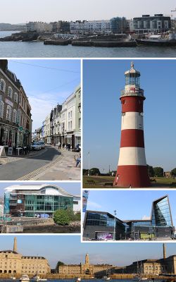 Clockwise from top: West Hoe, Smeaton's Tower, University of Plymouth, Royal William Yard, National Marine Aquarium, Southside St, Barbican