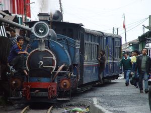 A photograph of the engine and several cars of the Darjeeling Himalayan Railway with people in either side of it