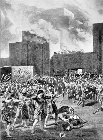 The Gutians attacking a Babylonian city, as Akkadians are making a stand outside their city. 19th century illustration.