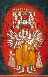 Painting depicting a multi-armed, multi-headed being– Vishvarupa of Krishna.