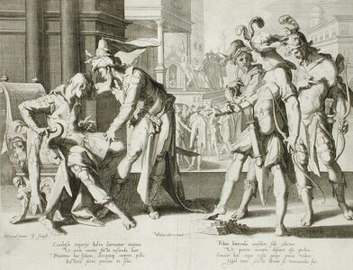 Cambyses commanding the flaying of judge Sisamnes, print engraved by Willem Isaacsz. van Swanenburg after design of Joachim Wtewael, 1607. Otanes is sitting down in the judge's chair draped in the skin of his father.[4]