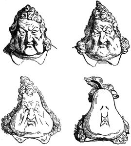 الكاريكاتير الشهير في 1831 عن تحول لوي فيليپ الأول تدريجياً إلى كمثرى، كان يعكس تدهور شعبيته. (اونوريه دومييه، مقلداً شارل فيليپون، الذي سُجن بسبب الرسم الأصلي.)