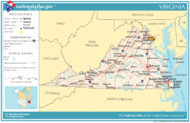 Map of Virgina with major highways running mostly north-south across it, with several connected. Major cities are marked on it, as are the neighboring states.