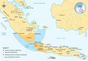 Rough extent of Banten at the death of Hasanudin, controlling both sides of Sunda Strait