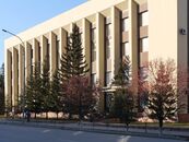 Main facade of the administrative building of Akmola Region, an example of Soviet Kokshetau architecture.