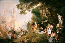 Pilgrimage to Cythera is an embellished repetition of his painting of 1717, and exemplifies the frivolity and sensuousness of Rococo painting. (1721, برلين)