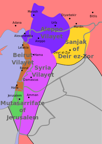 الأراضي التي تشمل الولايات السورية حوالي عام 1900.
