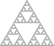 An example of an aperiodic two-dimensional lattice that assembles into a fractal pattern. Left, the Sierpinski gasket fractal. Right, DNA arrays that display a representation of the Sierpinski gasket on their surfaces[10]