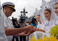 Bread and salt greeting ceremony in Vladivostok, Russia