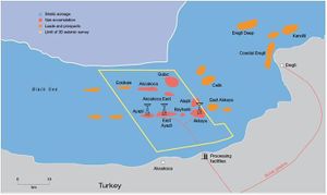 خريطة توضح موقع حقل أيازلي للغاز والحقول التركية المجاورة في البحر الأسود.JPG
