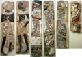 بلاط أسرى رمسيس الثالث: تماثيل مطعمة، من الخزف والزجاج، "للأعداء التقليديين لمصر القديمة" من مدينة هابو، في متحف الفنون الجميلة، بوسطن. من اليسار: 2 نوبيان، فلستينيان، أموريون، سوريون، حيثيون.
