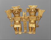 Pendant with 2 bat-head worriors who carry spears; 11th–16th century; gold; overall: 7.62 cm (3 in.); from the Chiriqui Province (Panama); Metropolitan Museum of Art