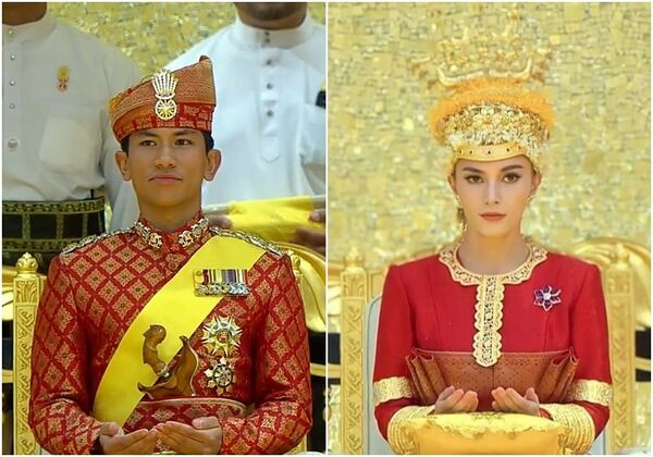 الأمير عبد المتين من بروناي وعروسه أنيشا في ملابس العرس التقليدية.