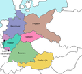 خطة التقسيم من فرانكلين روزڤلت:   هانوڤر   پروسيا   هسه   ساكسونيا   باڤاريا   منطقة دولية (جيبان خارجيان)   النمسا تحت ادارة الحلفاء