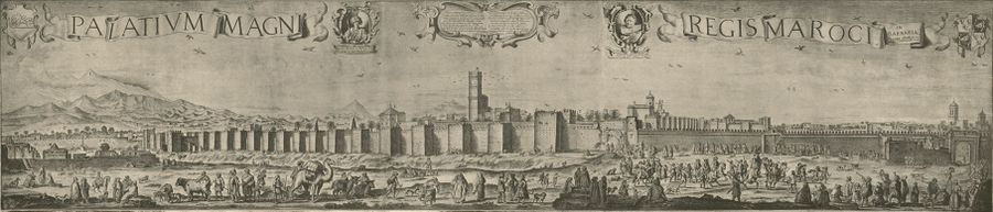 صورة لمراكش وقصر البديع في 1640، من طرف أدريان ماثام، في الأعلى كتابة باللغة اللاتينية: «القصر العظيم - المملكة المغربية»،[1] بخط صغير: «في [الساحل] البربري»[2]