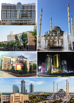 Clockwise from top left: National Library of Chechen; Akhmad Kadyrov Mosque; Night view of Grozny-City Towers; Panorama view of Akhmad Kadyrov area; Khanpashi Nuradilova Drama Theater; Vladmir Putin Avenue