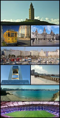 Top: Hercules Tower. 2nd: tramway (left), City Hall (right). 3rd: Dársena Deportiva yacht marina. 4th row: A Coruña Marine Control Tower (left) San Antón Paseo waterfront area (right). 5th: Panorama of A Coruña city centre and Orzán Beach. Bottom: Estadio Riazor .