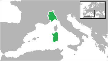 مملكة سردينيا، عام 1815 (أخضر): البر الرئيسي لپيدمونت مع ساڤوا، نيس، جنوة وجزيرة سردينيا.