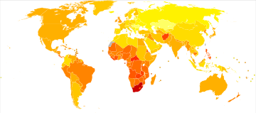 خريطة العالَم حيث أوروبا مُظَلَّلة بالأصفر وأغلب أمريكا الشَّماليَّة والجنوبيَّة بالبرتقالي وجنوب أفريقيا بالأحمر الغامِق