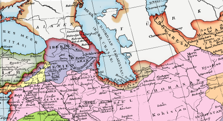 A map of the northern Middle East, the Caucasus and the Caspian basin with different color shades denoting the stages of expansion of the caliphate