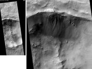 Jezza Crater,as seen by HiRISE. North wall (at top) has gullies. Dark lines are dust devil tracks. Scale bar is 500 meters long.