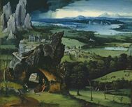 Landscape with St Jerome, 1515–1519, oil on panel, 74 × 91 cm (29.1 × 35.8 in), Museo del Prado, Madrid, Spain