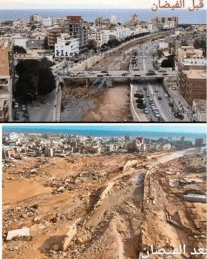 منظر عام لمدينة درنة قبل وبعد فيضان 2023