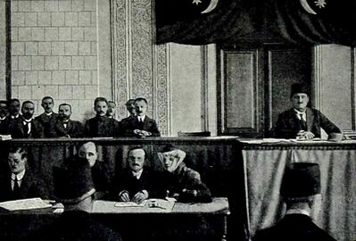 The first meeting of the Parliament of the Azerbaijan Democratic Republic, where a tricolour flag was hung. 7 December 1918.