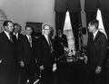 Pickering and Kennedy with a model of the Mariner spacecraft