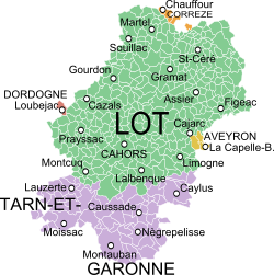 Map of the old province of Quercy, France, showing the communes according to the current administrative division.