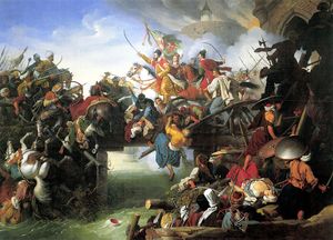 Men waving sabers on horseback charge across a bridge, surrounded by figures struggling in hand-to-hand combat