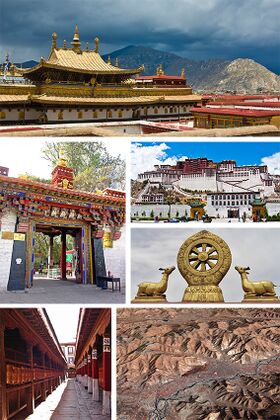 من أعلى اليسار: سقف معبد جوخانگ؛ البوابة الرئيسية لدير نوربولينكا؛ قصر پوتالا؛ Wheel of Dharma and prayer wheels (bottom), Jokhang; satellite picture of Lhasa