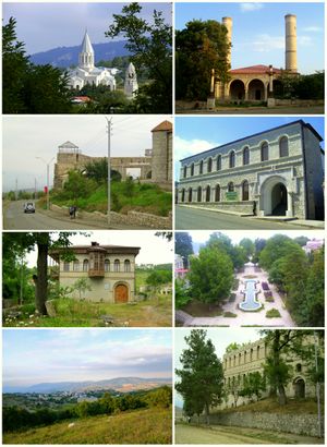 معالم شوشا/شوشي، من أعلى اليسار: Ghazanchetsots Cathedral • Yukhari Govhar Agha Mosque Shusha fortress • National Gallery History Museum • Central park Shusha skyline • Natavan house