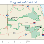 The earmuff shape of Illinois's 4th congressional district packs two Hispanic areas while remaining contiguous by narrowly tracing Interstate 294.