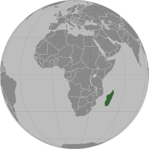 The large island of Madagascar, slightly off the southeast coast of Africa, highlighted in green