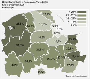 Unemployment rate in Pomeranian Voivodeship by county, as of the end of 2006