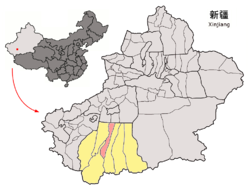 Location of Lop County (red) within Hotan Prefecture (yellow) and Xinjiang