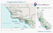 An example of the packing style of districting. It seems that the district is narrowly lying along with the coast line: California's 23rd congressional district.