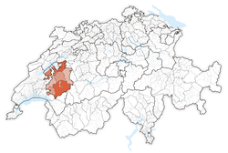 Map of Switzerland, location of كانتون فريبورگ highlighted