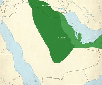 خريطة مملكة المناذرة في القرن السادس. الأخضر الخفيف هو أراضي ساسانية حكمها المناذرة (اللخميون)