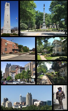 Clockwise from top left: NC State bell tower, Confederate Monument at the North Carolina State Capitol (now removed), houses in Boylan Heights, houses in Historic Oakwood, statue of Sir Walter Raleigh, skyline of the downtown, Fayetteville Street, and the warehouse district