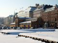 Helsinki market square covered in snow.