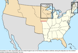 Map of the change to the United States in central North America on November 10, 1842