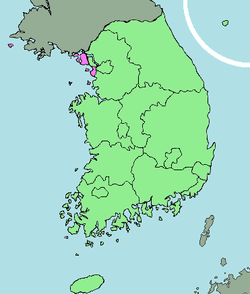 خريطة كوريا الجنوبية وفيها إنشئون مبينة