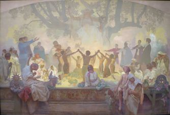 Mucha's الملحمة السلاڤية cycle No.18: The Oath of Omladina under the Slavic Linden Tree (1926)