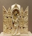 14th century French ivory triptych showing the Annunciation, Visitation, Nativity with, unusually, Joseph holding the baby, while Mary sleeps; Presentation and Magi.
